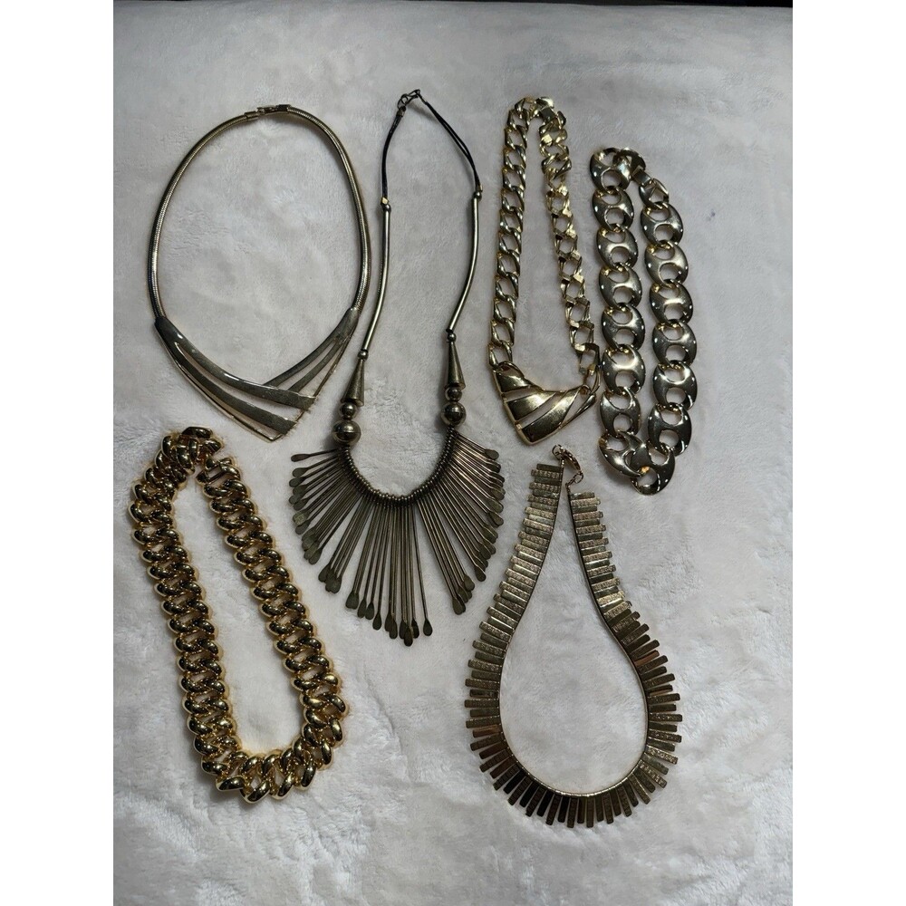 Lot of 6 Gold Tone Statement Necklaces Chunky Chain Boho Geometric Jewelry